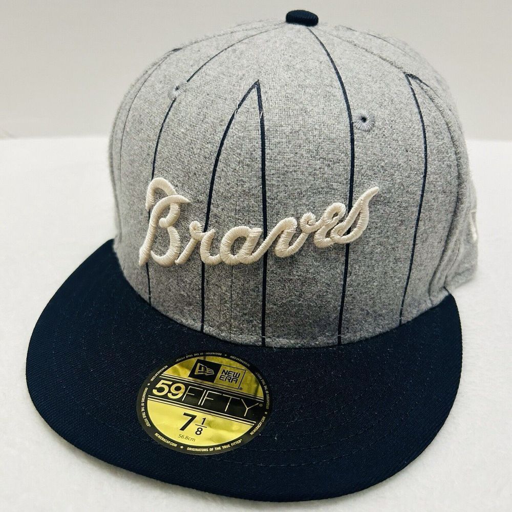 New Era Atlanta Braves Pinstripe Script 59FIFTY‎ Fitted Hat Cap Gray Blue 7 1/8
